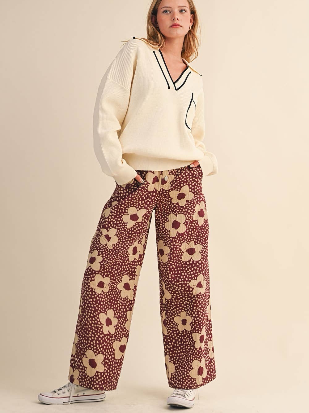 Wide-Leg Floral Print Pants - Burgundy/Cream - Picture 3 of 4